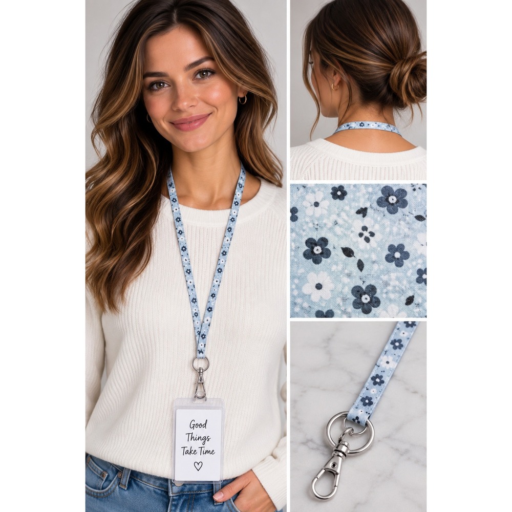 Vera Bradley Iconic Breakaway‎ Lanyard Floating Ditsy Blue Silver Floral NWT